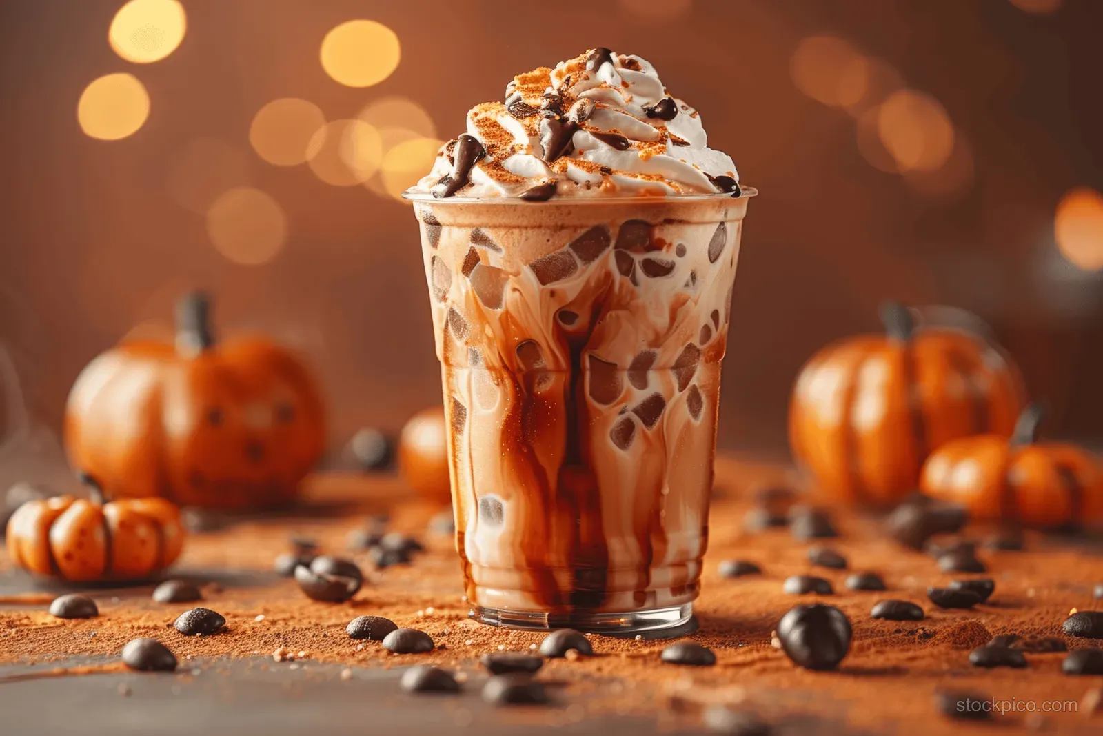 A pumpkin cream cold brew latte in a clear cup with whipped topping, coffee beans, and pumpkins on an autumn backdrop.