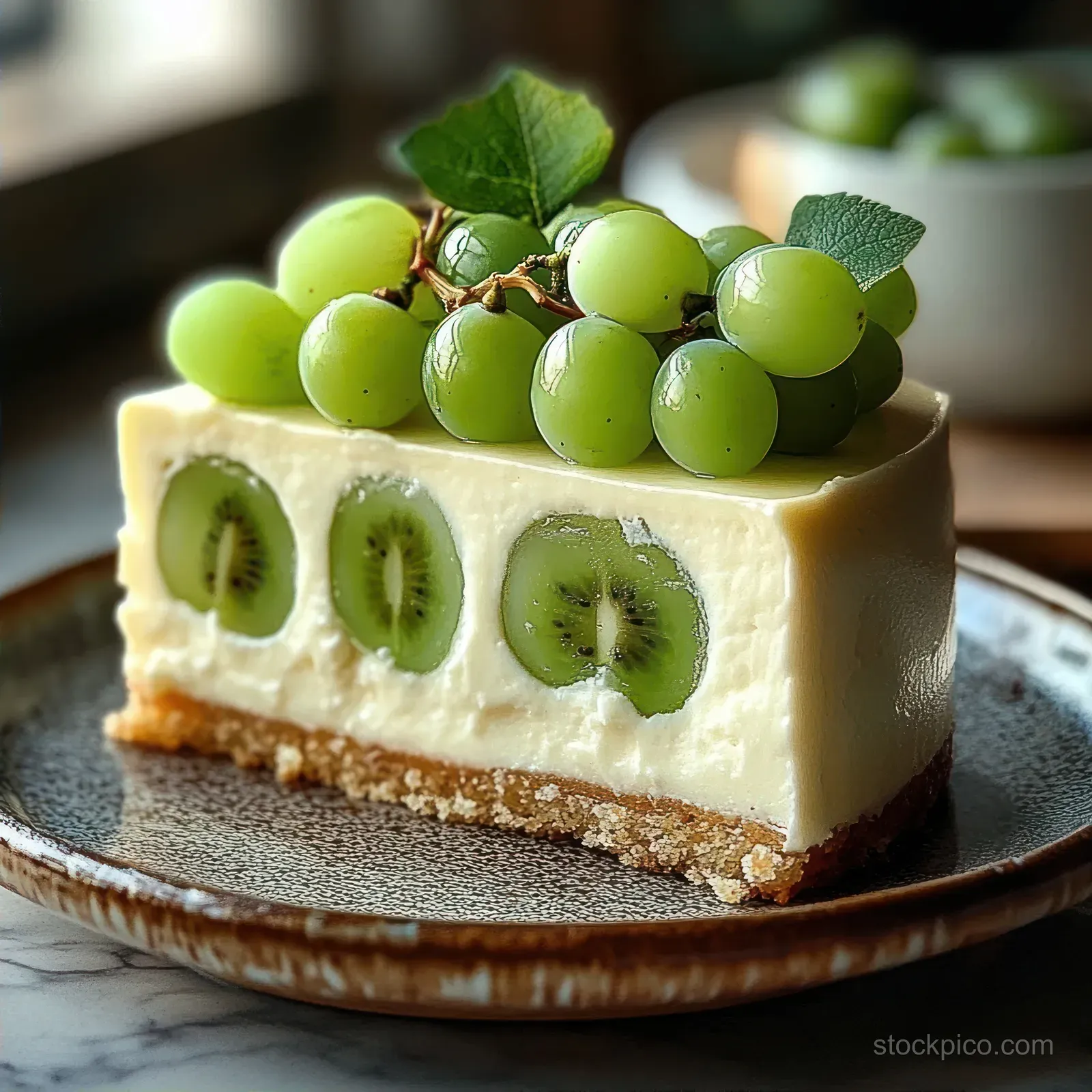 Creamy cheesecake slice with embedded kiwi topped with green grapes and a leaf on a brown ceramic plate.