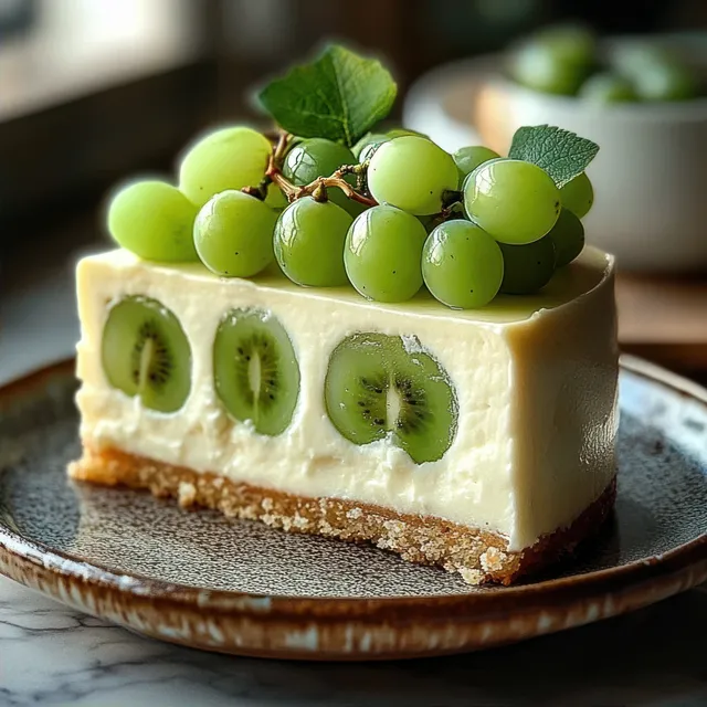 Creamy cheesecake slice with embedded kiwi topped with green grapes and a leaf on a brown ceramic plate.