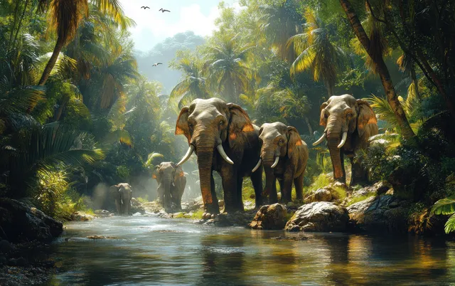 Four-tusk prehistoric elephants stand in shallow water along a palm-lined river with rocky cliffs in soft light.