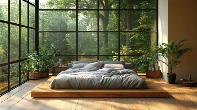 A minimalist bedroom with a window air-conditioning unit, sunlight on a made bed, and potted plants along the sill.