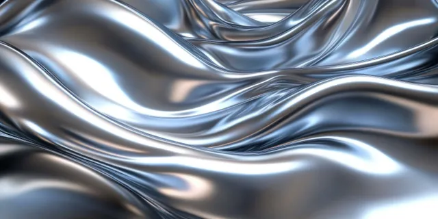 Silver metallic fabric waves ripple across a glossy abstract surface with bright reflective highlights.