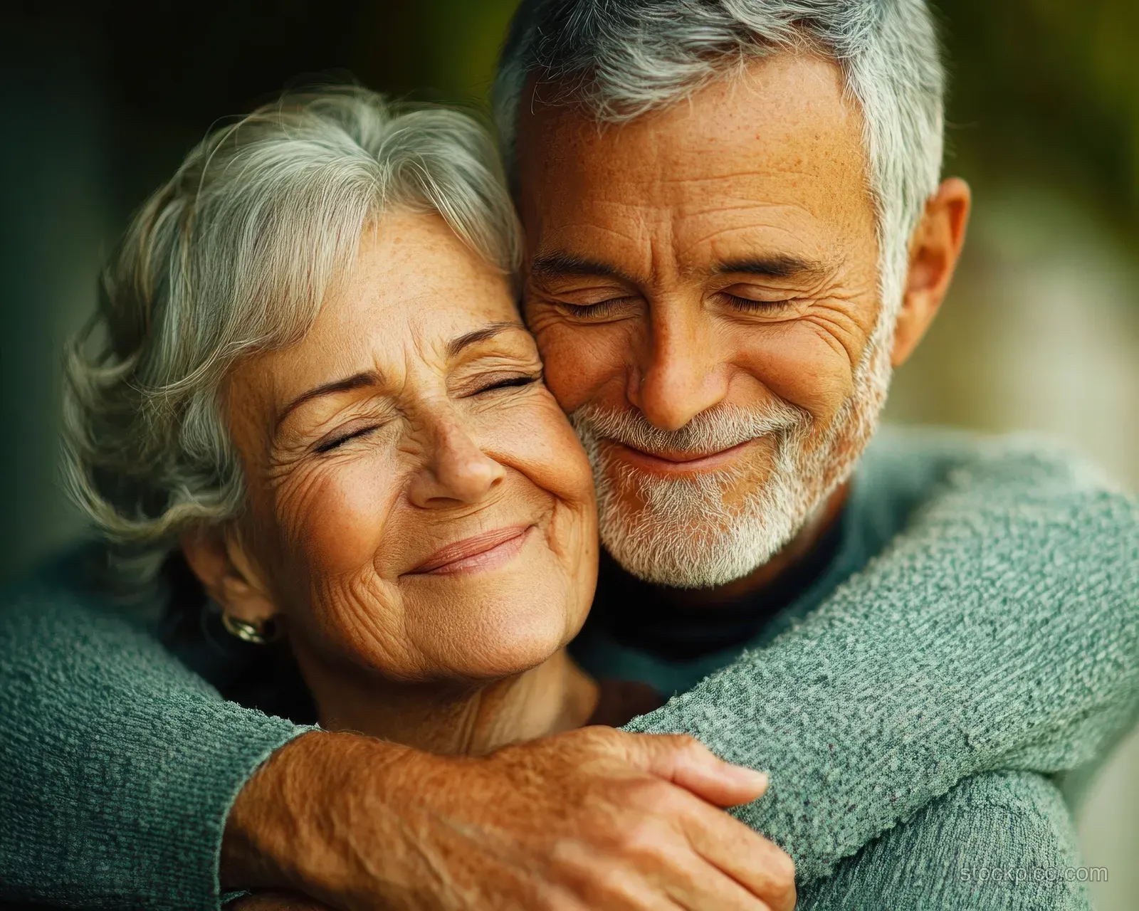 An elderly couple embraces outdoors, smiling with closed eyes and tenderly holding hands in warm sunlight.