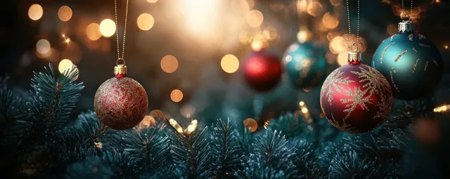 Red and gold Christmas baubles hang above pine branches with warm glowing bokeh lights in the background.