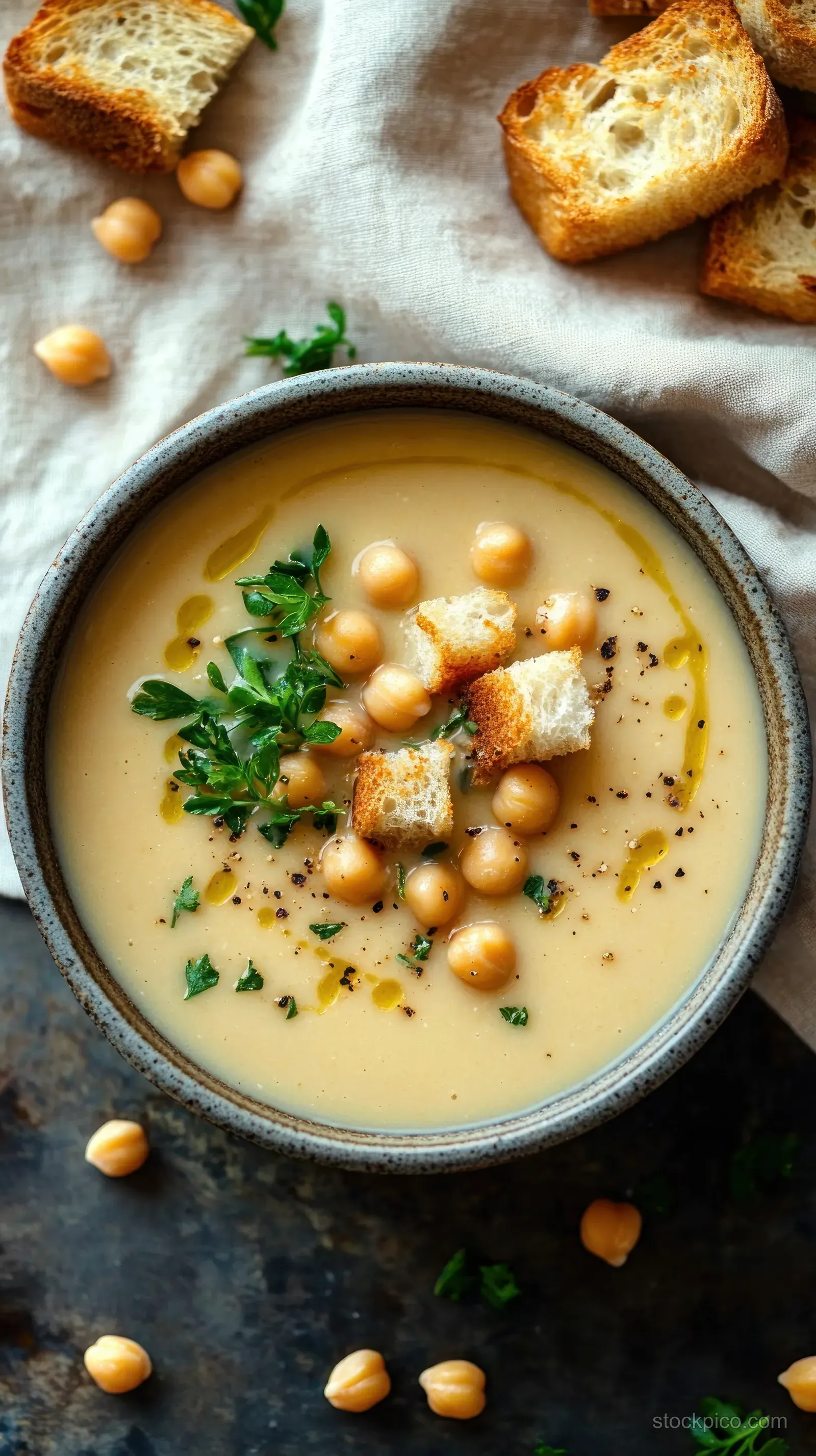 Creamy chickpea soup bowl garnished with parsley and whole chickpeas, with toasted bread cubes on linen.