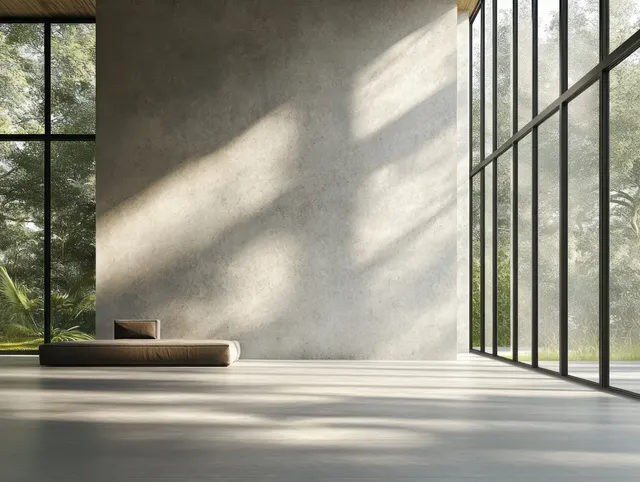 Sunlit minimalist loft interior with concrete floor, low sofa, and tall windows showing trees outside.
