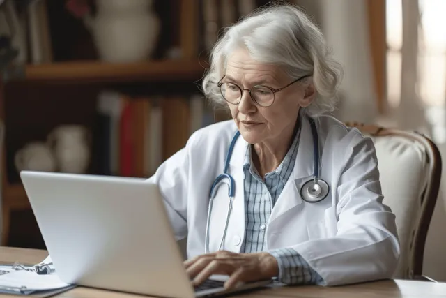 Senior female doctor in a white coat typing on a laptop at a clinic desk with stethoscope and papers.