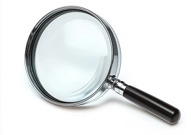 Close-up of a magnifying glass with a transparent lens and metallic ring on a white background.