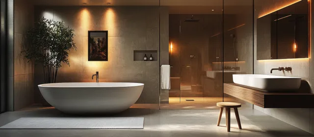 Warm-lit modern bathroom with freestanding oval tub and backlit mirror