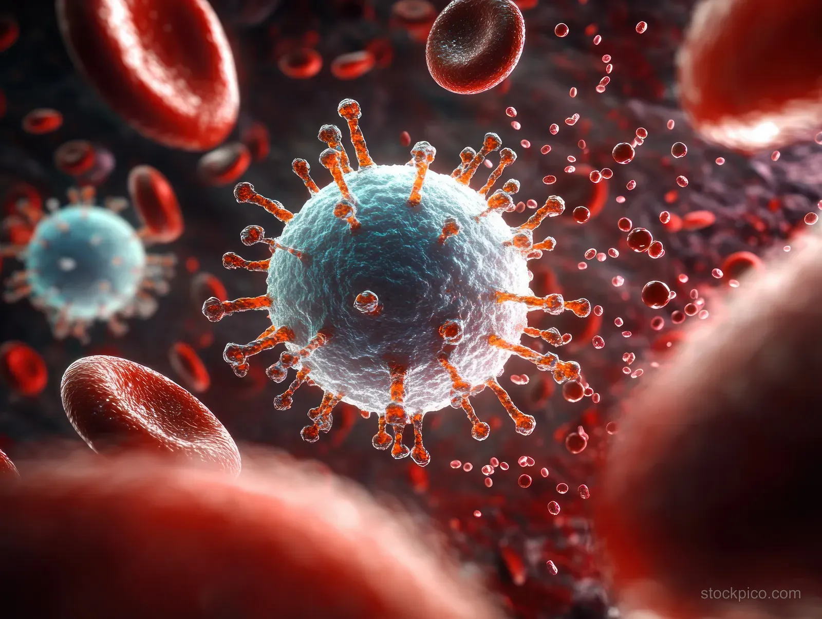 Macrophage-like cell releases red cytokine molecules amid viral particles and surrounding red blood cells.