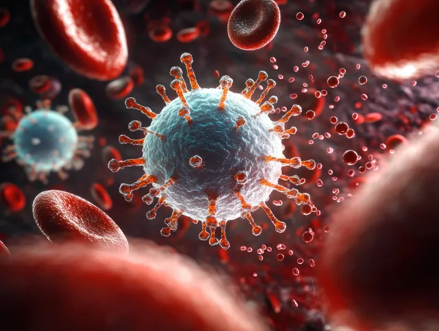 Macrophage-like cell releases red cytokine molecules amid viral particles and surrounding red blood cells.