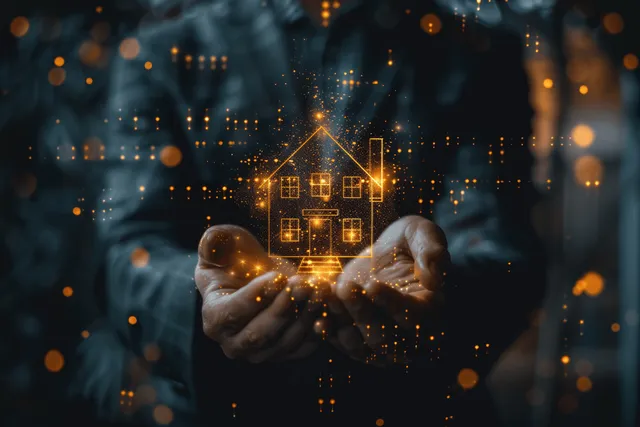Hands holding a glowing house model over blurred city lights and floating data dots