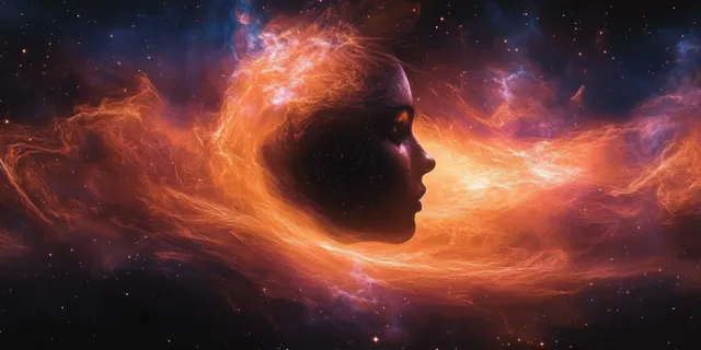 Swirling black hole dominates a panoramic space scene, glowing nebula filaments orbit around it