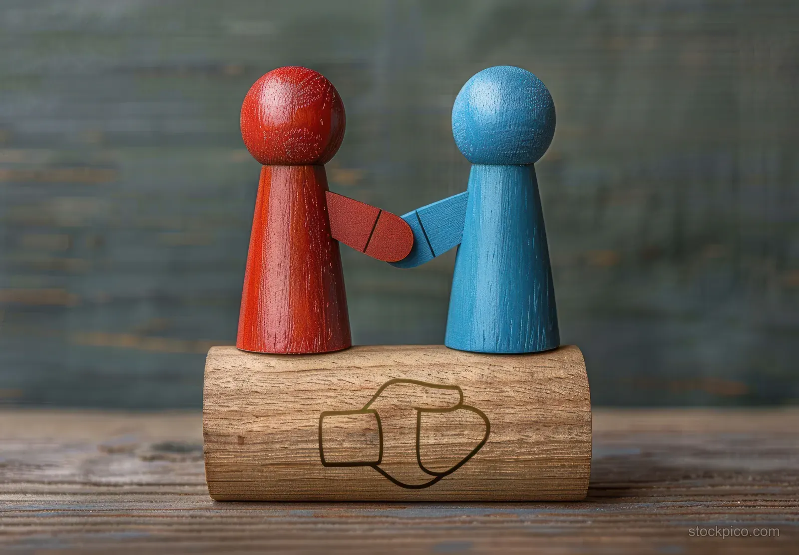 Red and blue wooden figures shake hands on a carved handshake block.