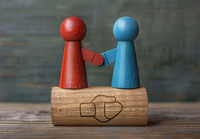 Red and blue wooden figures shake hands on a carved handshake block.