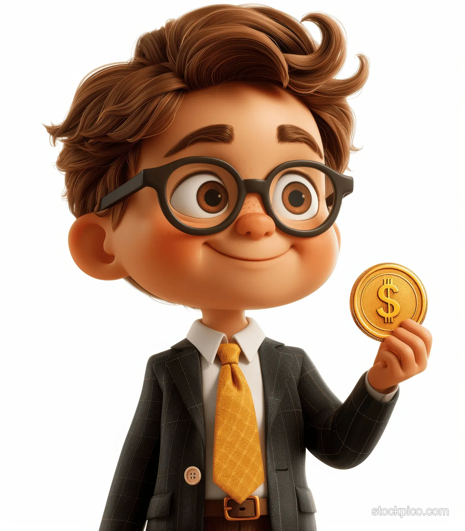 A smiling 3D cartoon businessman in a suit holds a gold coin with a dollar sign on a white background.