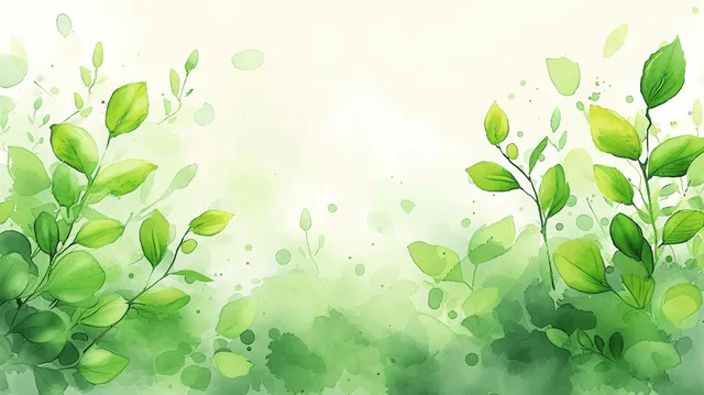 Watercolor spring leaves over pale eco background with soft green brush strokes and bokeh
