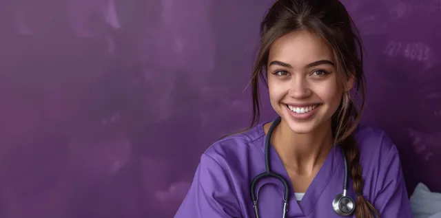 Smiling Latina nurse in purple scrubs holding stethoscope against solid purple background