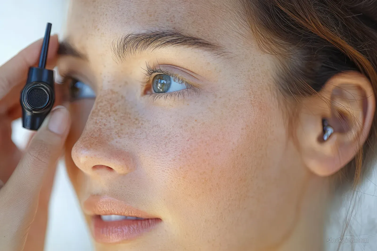 Freckled young woman applying liquid eyeliner to her upper eyelid with a makeup brush in a close-up portrait.