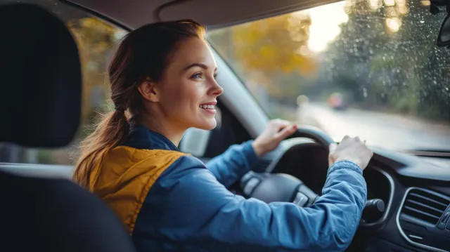 A nurse in blue scrubs drives a car at sunset while gripping the steering wheel and wearing a seatbelt.