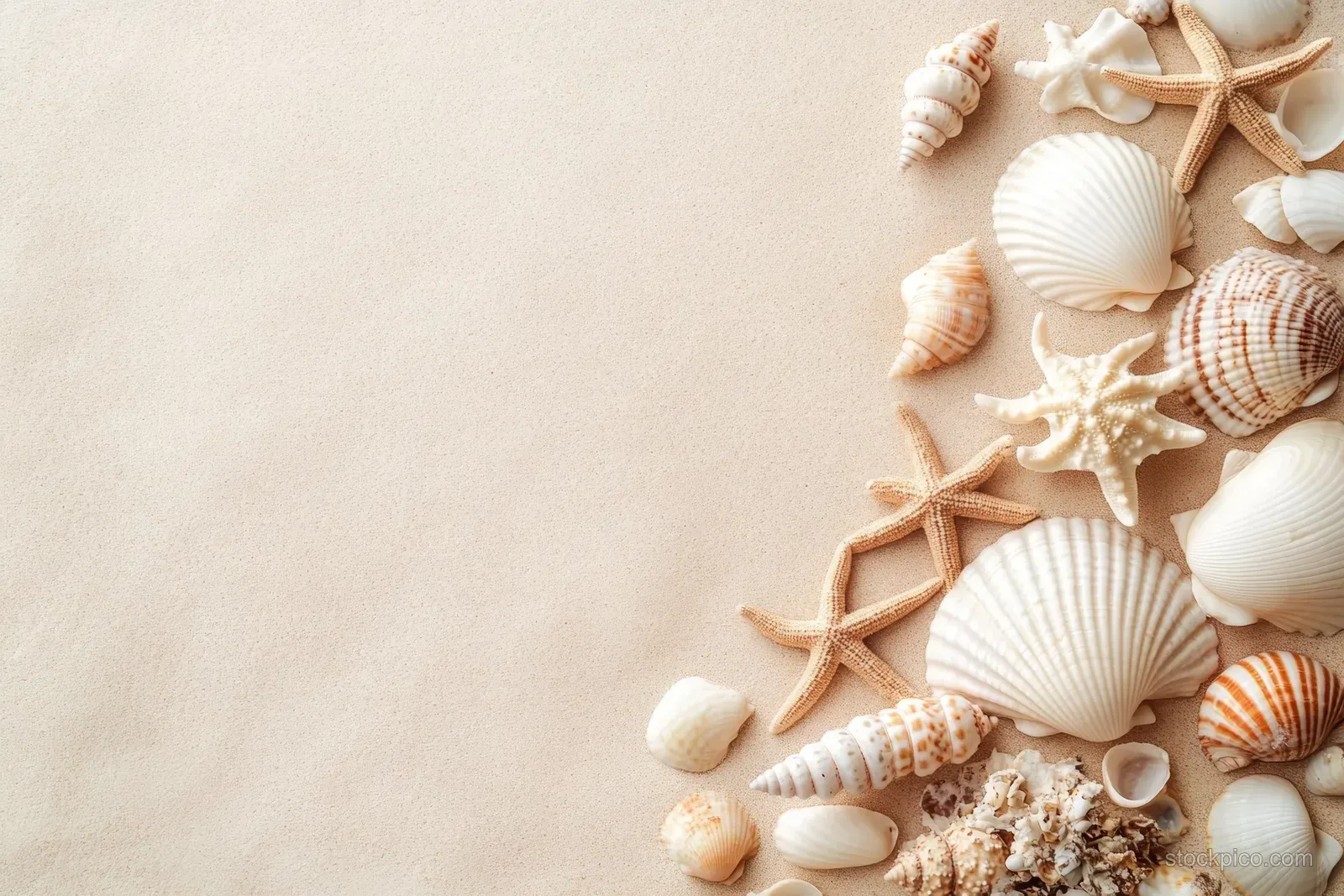 Top-down sand background with seashells and starfish forming a corner border for summer travel design.