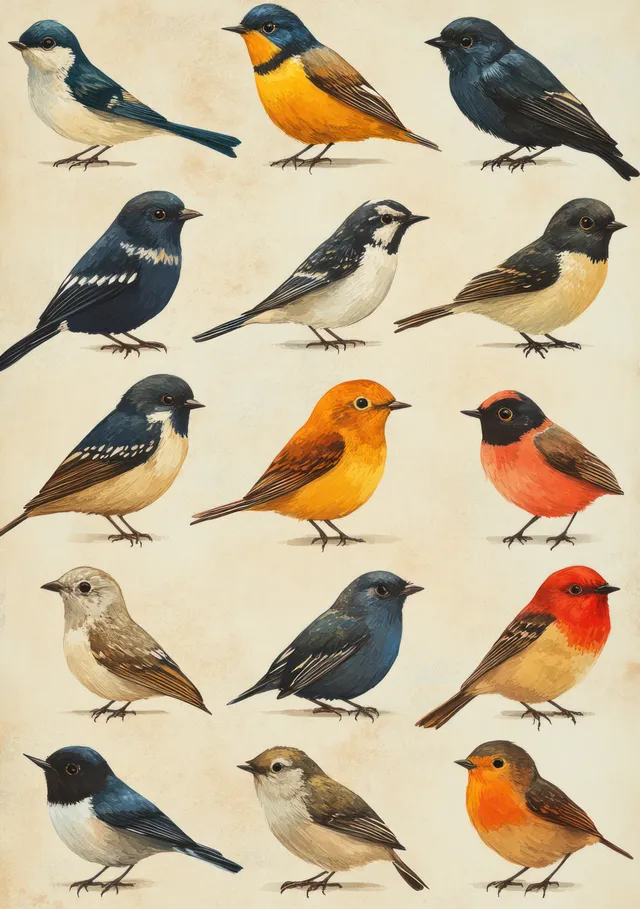 A pastel watercolor poster displays illustrated wild birds arranged in a letter grid for kids’ learning.