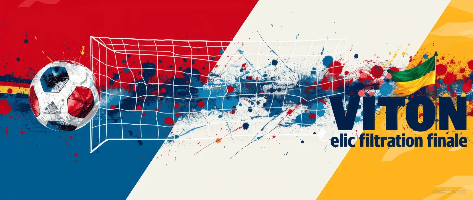 A soccer ball flies toward a goal net over red, blue, white, and yellow paint splashes.