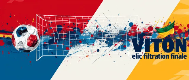 A soccer ball flies toward a goal net over red, blue, white, and yellow paint splashes.