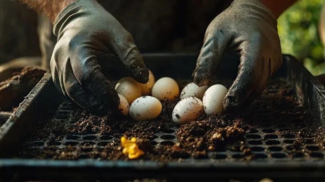 Gloved hands place dirty eggs into a black tray filled with soil under natural outdoor light.