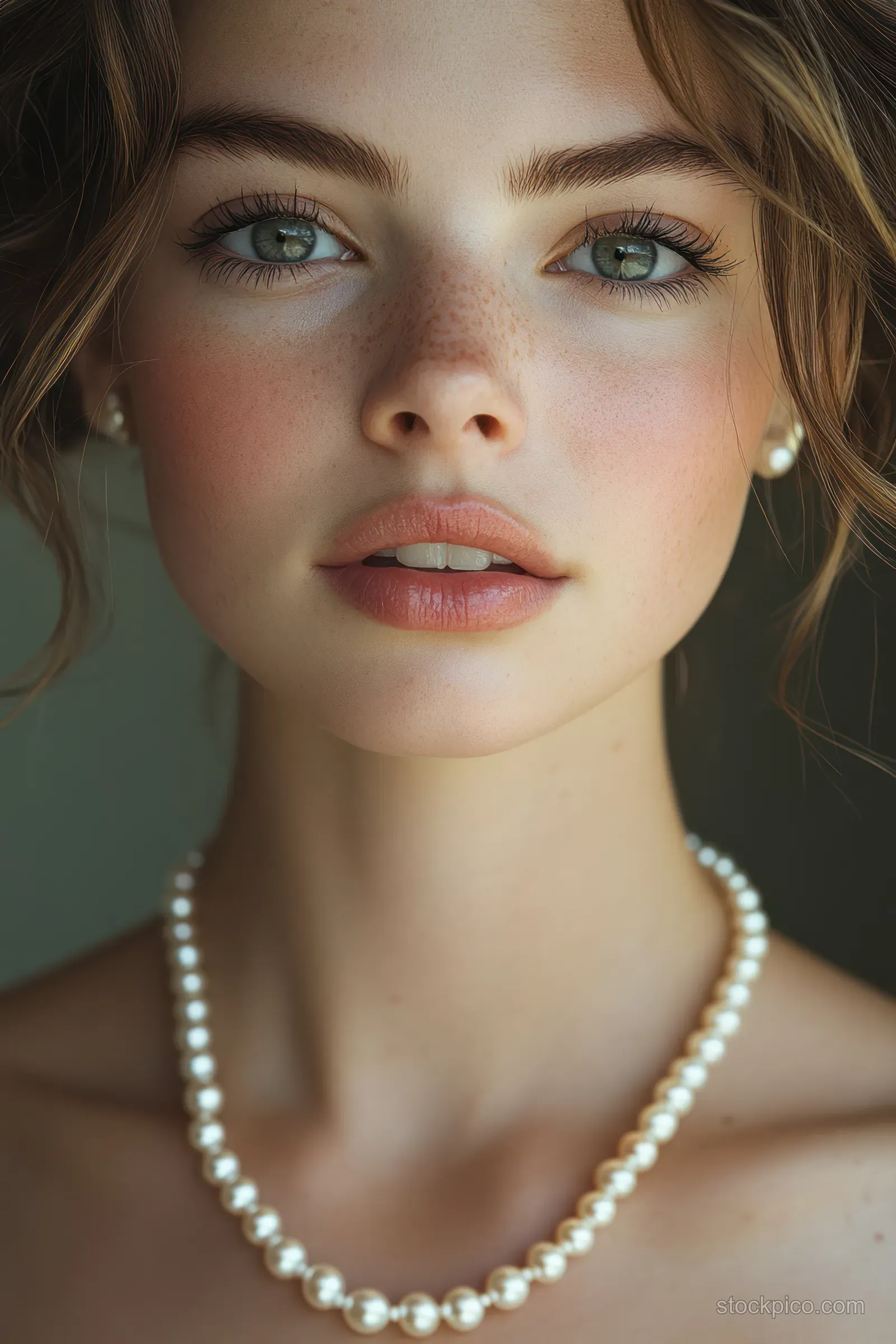 Close-up of a young woman wearing layered pearl necklaces and small earrings under soft natural light.