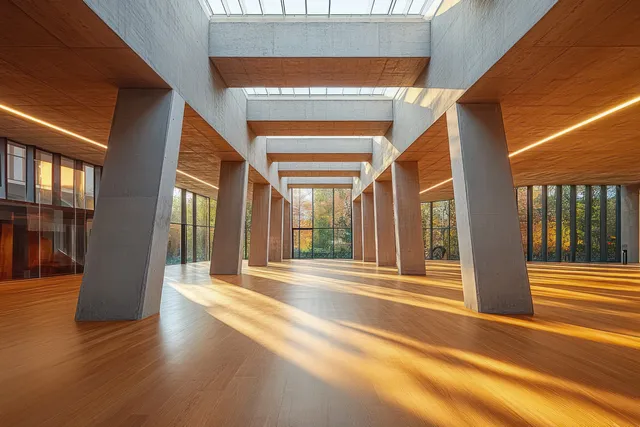 Sunlight streams through skylights onto a wooden floor lined with concrete columns in a modern interior corridor.