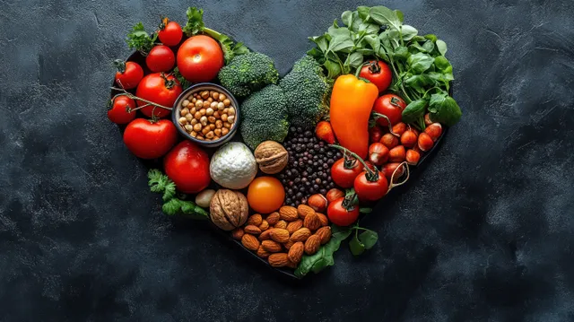 Heart-shaped spread of fresh vegetables, herbs, and nuts under natural light on dark slate