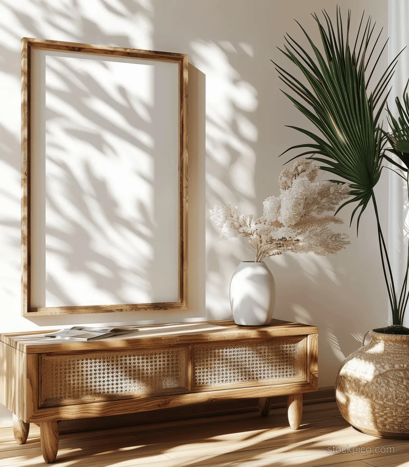 Sunlit coastal bedroom corner with a wooden framed blank artwork, woven console, and a potted palm plant.