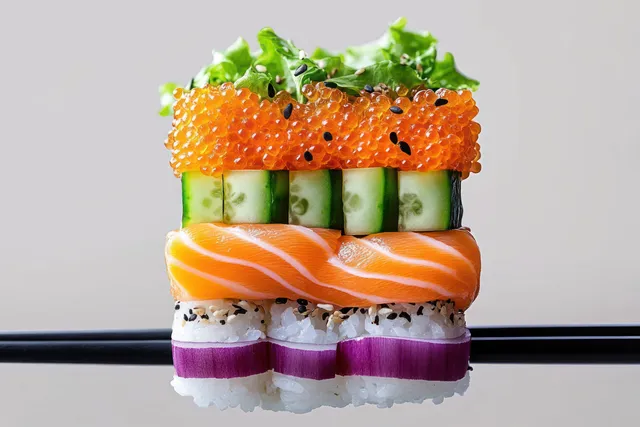 Close-up of layered sushi with rice, salmon, cucumber, onion, and fish roe held by black chopsticks on a neutral background.