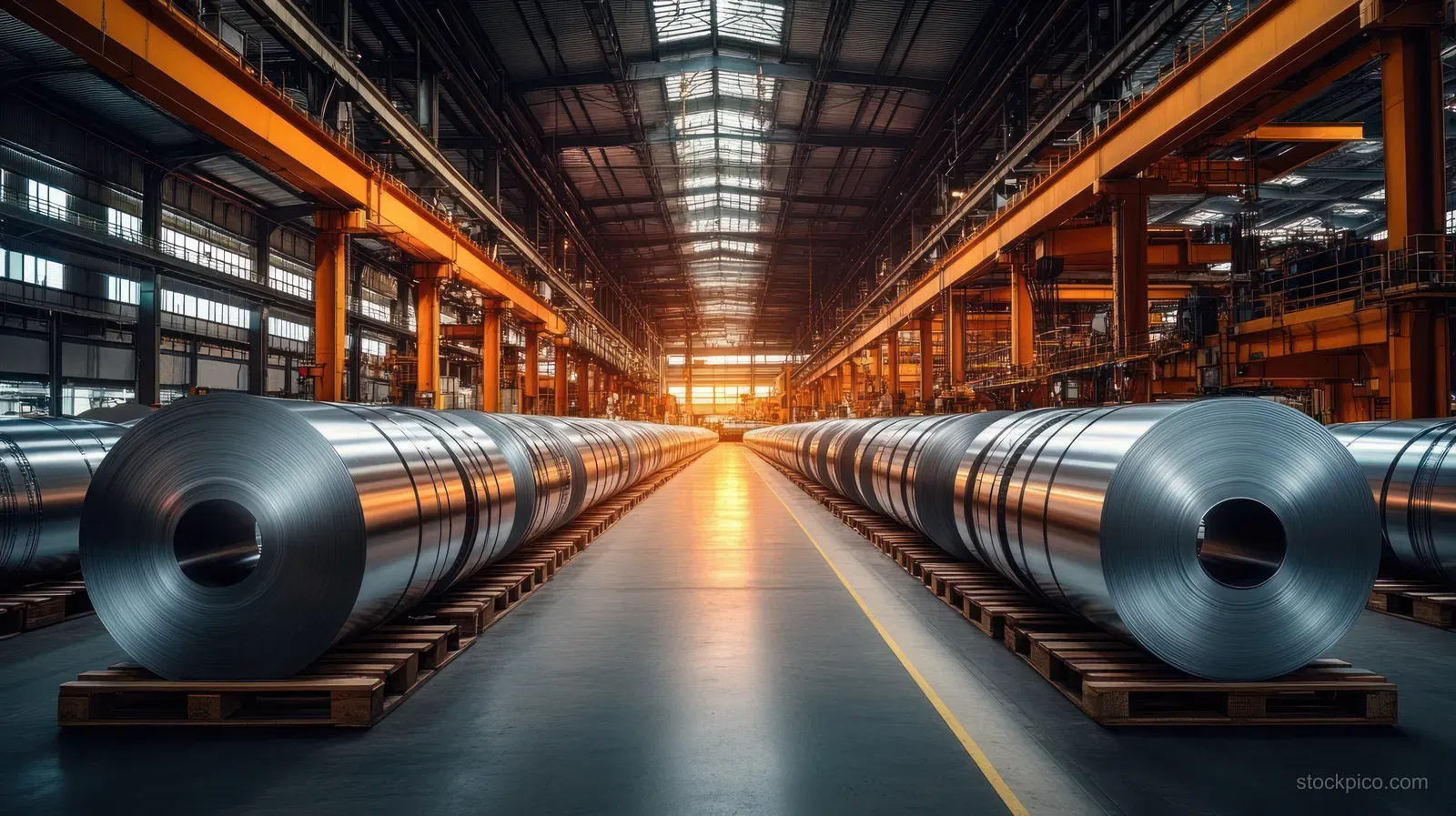 Steel coils on wooden pallets line an industrial warehouse aisle under bright overhead beams.