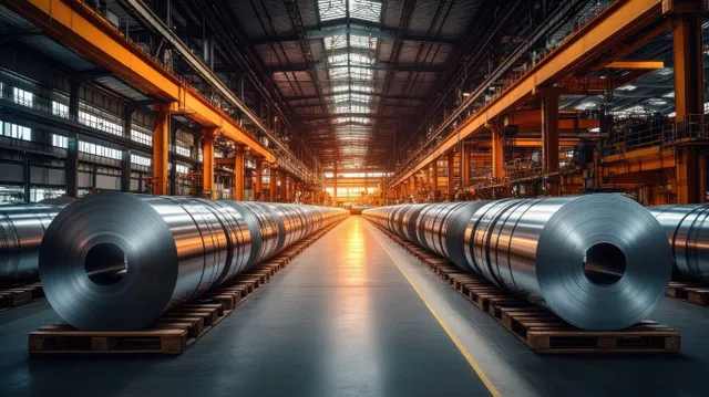 Steel coils on wooden pallets line an industrial warehouse aisle under bright overhead beams.