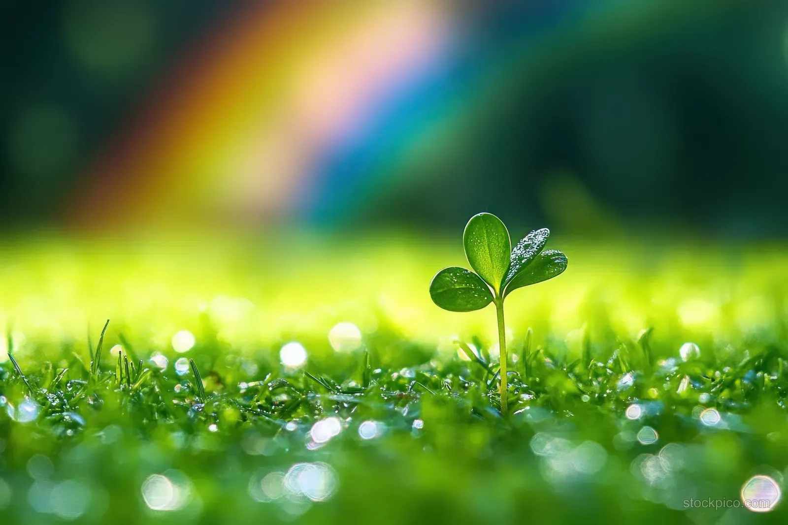 A small green sprout growing in dewy grass with a rainbow glow in the background.