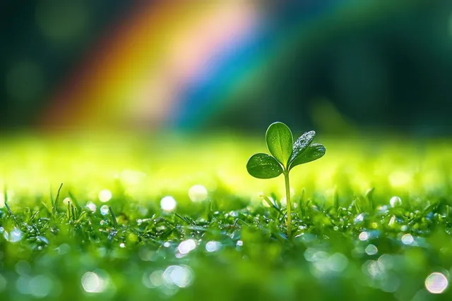 Tiny green sprout with dew in lush grass and rainbow light