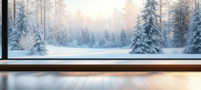 Snow-covered pine trees are visible through a large glass window beside an empty wooden table inside a bright winter room.
