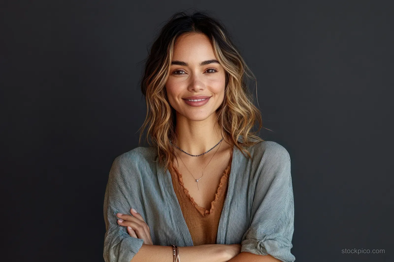 A woman smiles with her arms crossed in a centered studio portrait against a dark gray background.