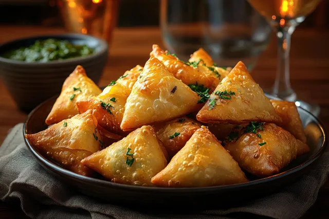Crispy golden samosas on rustic wooden table with vibrant green chutney dip