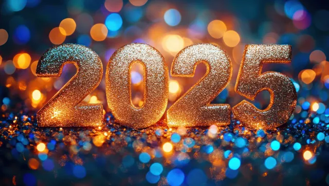 Glittering gold 2025 numbers sit on a festive banner with colorful bokeh lights and sparkly glitter effects.