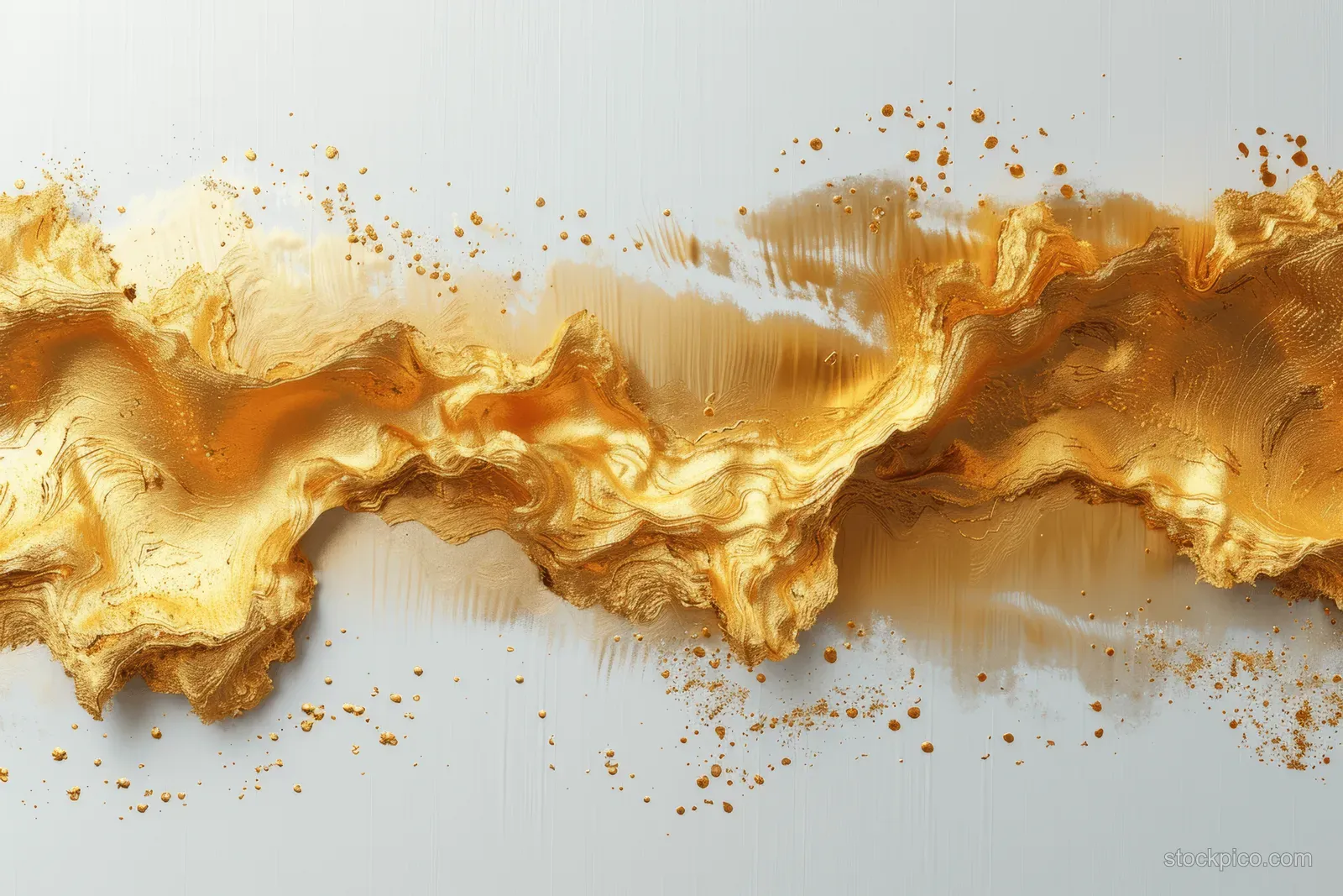 Gold paint brush strokes and small splatters spread across a white paper surface.