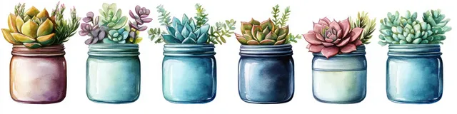 Watercolor illustration of six succulents in blue and brown jars arranged in a row with detailed leaves.