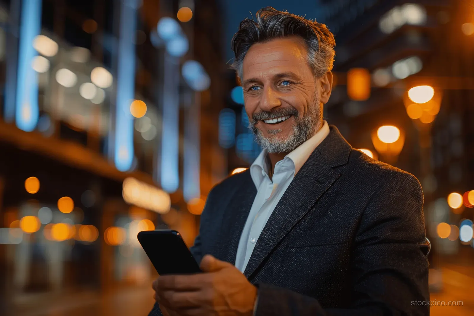 A gray-haired businessman in a suit holds a smartphone and smiles on a night city street with blurred building lights.