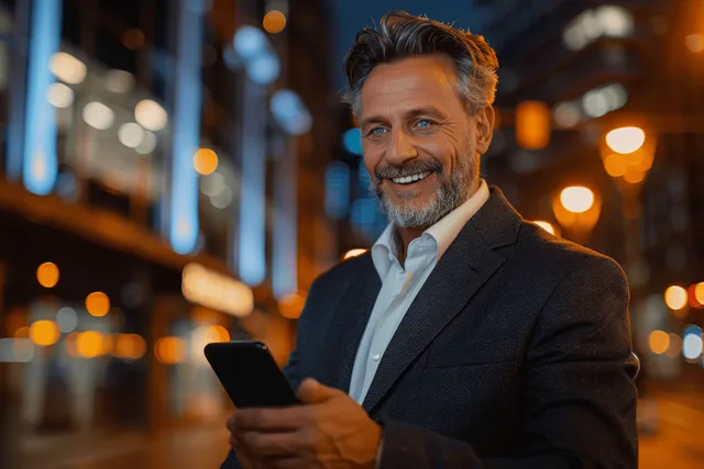 A gray-haired businessman in a suit holds a smartphone and smiles on a night city street with blurred building lights.
