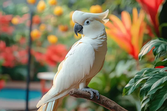 A white cockatoo with a raised crest perches on a branch in a tropical garden with soft morning light.
