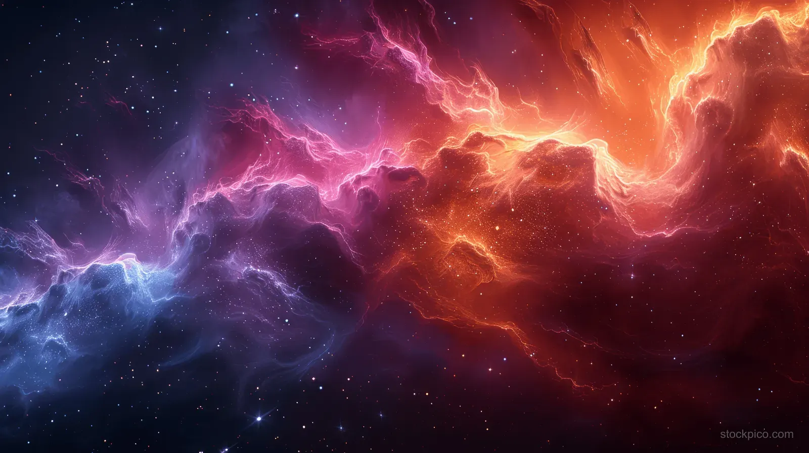 A starry space scene with orange and blue glowing nebula waves and electric light streaks.