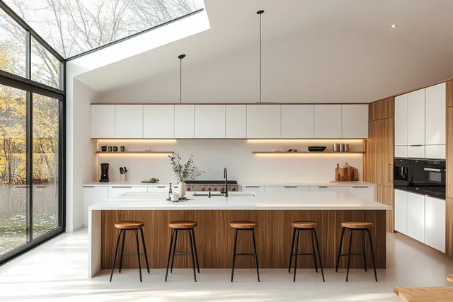 Minimalist Scandinavian kitchen with white cabinets, wooden island, bar stools, and sink under skylight.