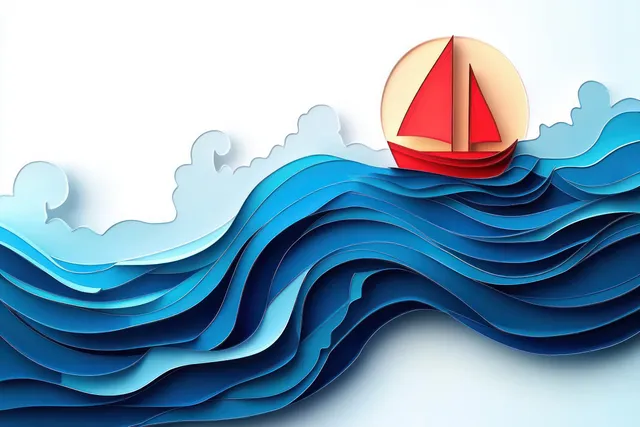 Red sailboat floating on layered blue paper waves under a pale sky.